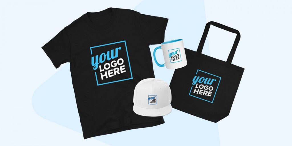 shirt, mug, hat, and bag with a logo on it